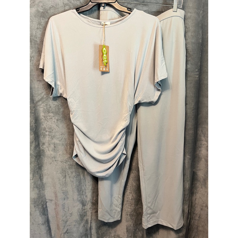 OGL Move Soft Modal Lounge Set Blue Gray Ruched Top Wide Leg Pants NWT Travel L